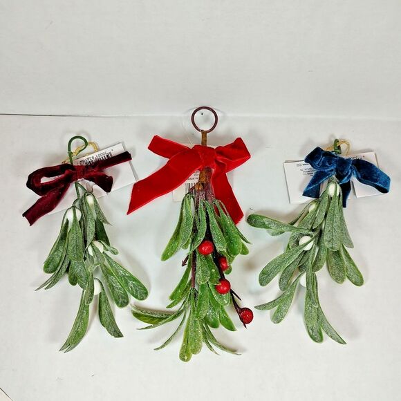 Holiday Style Mistletoe Christmas Ornament Blue Velvet Red Burgundy Bows Glitter - Picture 2 of 13
